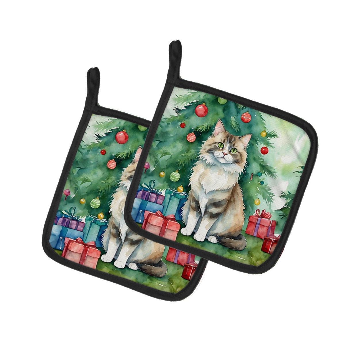 DAC7248PTHD 7.5 x 7.5 in. Ragamuffin Cat by the Christmas Tree Pot Holders - Set of 2