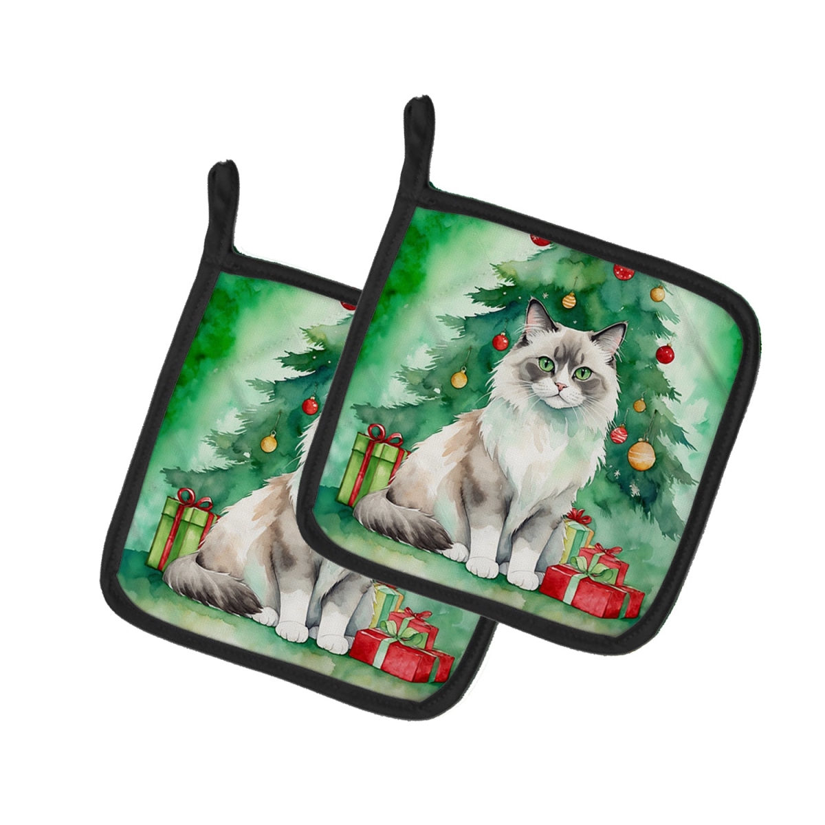 DAC7249PTHD 7.5 x 7.5 in. Ragdoll Cat by the Christmas Tree Pot Holders - Set of 2