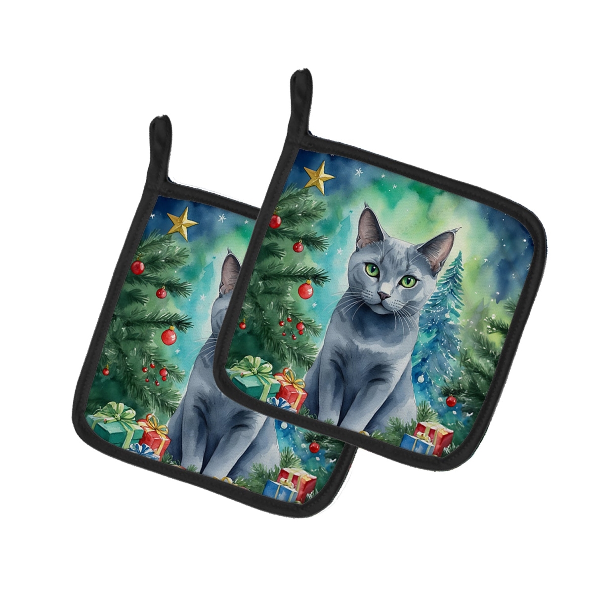 DAC7250PTHD 7.5 x 7.5 in. Russian Blue Cat by the Christmas Tree Pot Holders - Set of 2