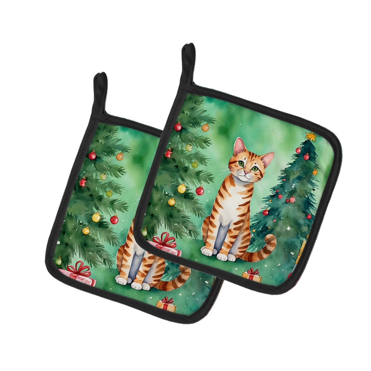 DAC7251PTHD 7.5 x 7.5 in. Safari Cat by the Christmas Tree Pot Holders - Set of 2