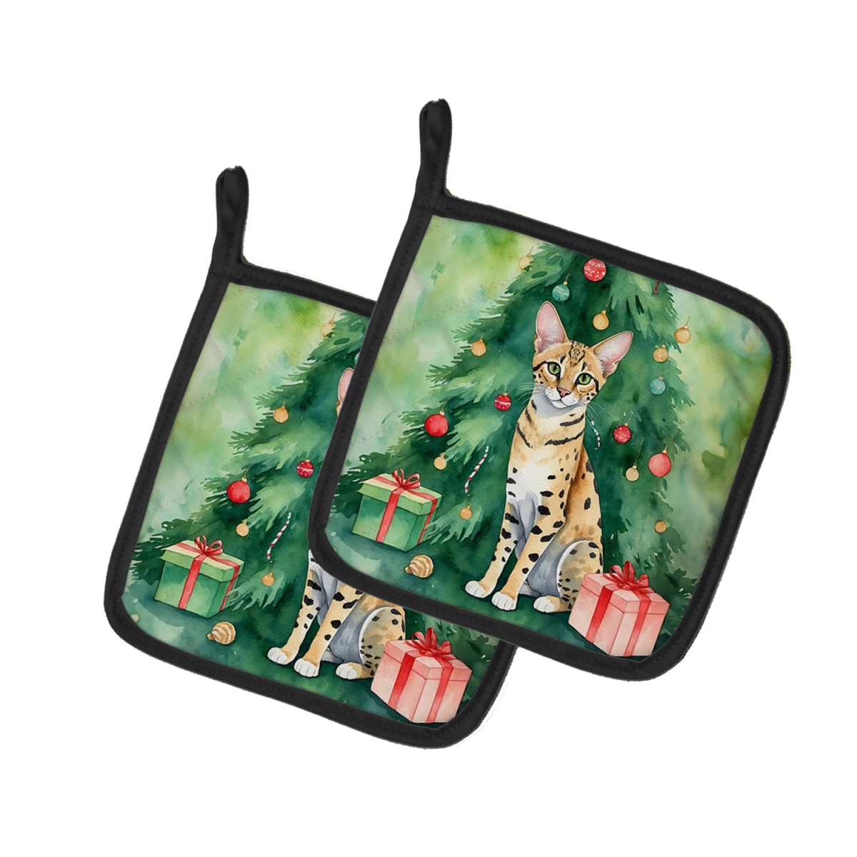 DAC7252PTHD 7.5 x 7.5 in. Savannah Cat by the Christmas Tree Pot Holders - Set of 2