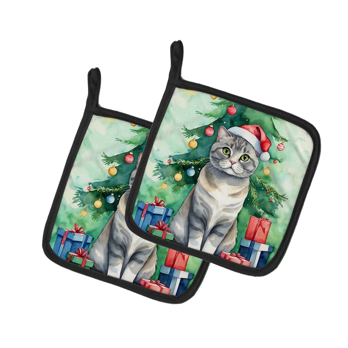 DAC7253PTHD 7.5 x 7.5 in. Scottish Fold Cat by the Christmas Tree Pot Holders - Set of 2
