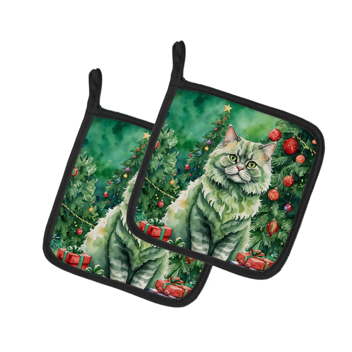 DAC7254PTHD 7.5 x 7.5 in. Selkirk Rex Cat by the Christmas Tree Pot Holders - Set of 2