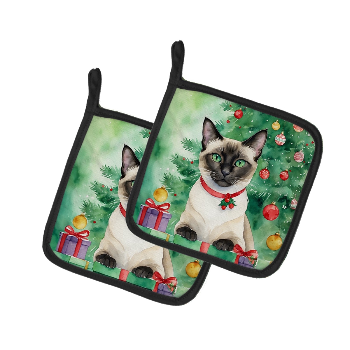 DAC7256PTHD 7.5 x 7.5 in. Siamese Cat by the Christmas Tree Pot Holders - Set of 2