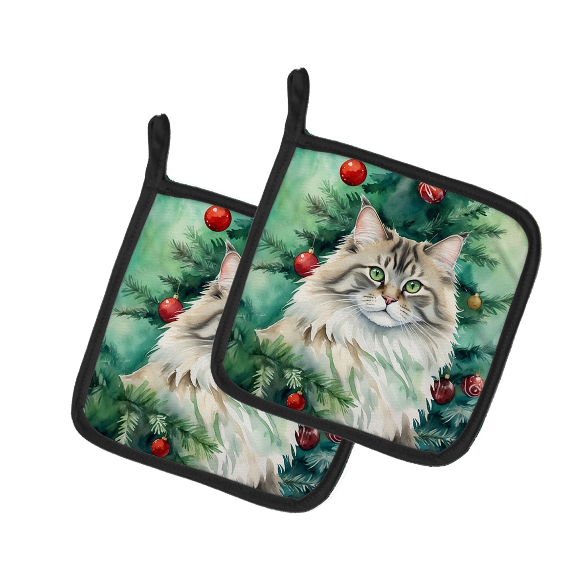 DAC7257PTHD 7.5 x 7.5 in. Siberian Cat by the Christmas Tree Pot Holders - Set of 2
