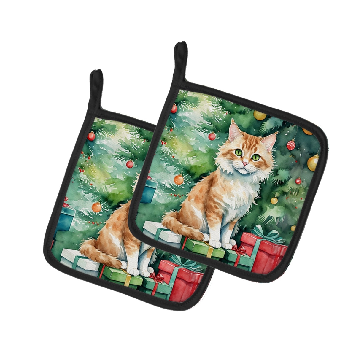 DAC7258PTHD 7.5 x 7.5 in. Skookum Cat by the Christmas Tree Pot Holders - Set of 2