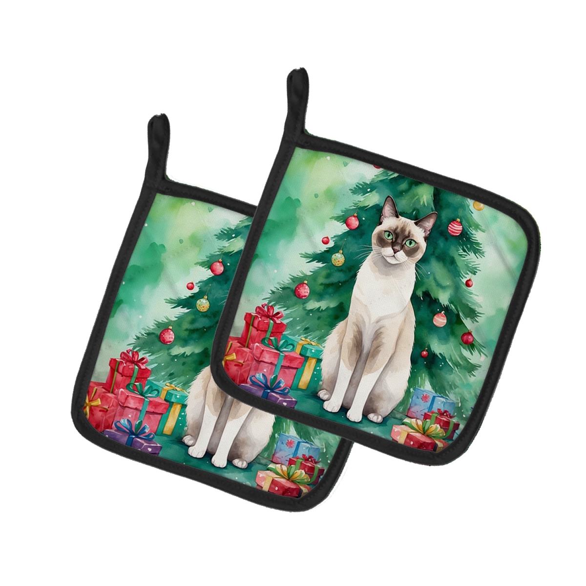 DAC7259PTHD 7.5 x 7.5 in. Snowshoe Cat by the Christmas Tree Pot Holders - Set of 2