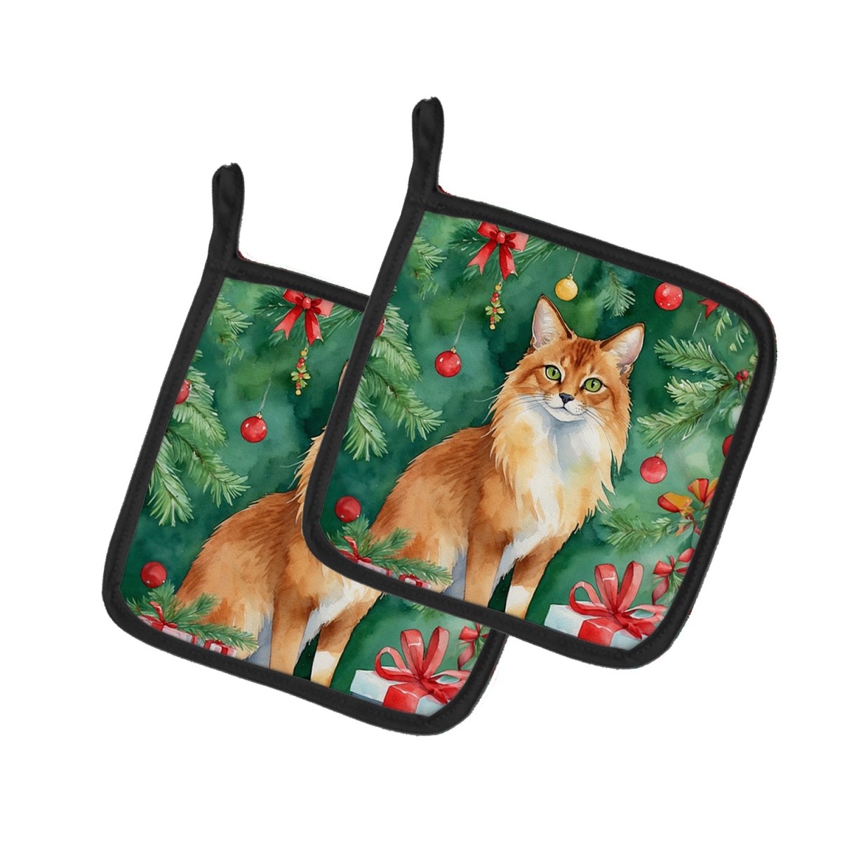 DAC7261PTHD 7.5 x 7.5 in. Somali Cat by the Christmas Tree Pot Holders - Set of 2