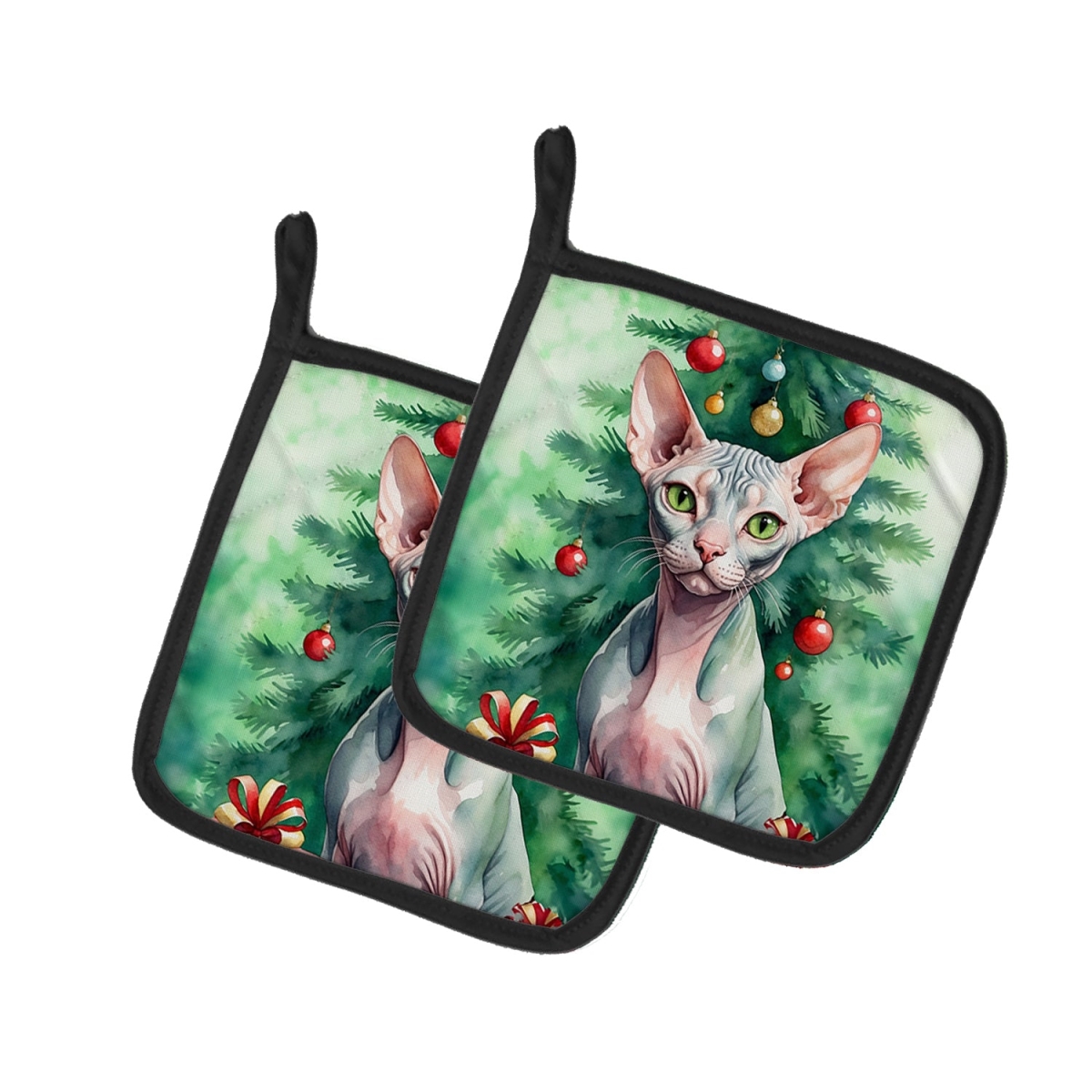 DAC7262PTHD 7.5 x 7.5 in. Sphynx Cat by the Christmas Tree Pot Holders - Set of 2