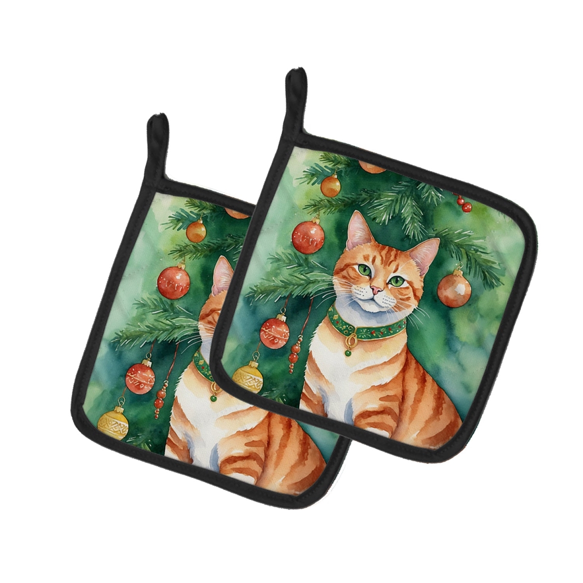 DAC7263PTHD 7.5 x 7.5 in. Suphalak Cat by the Christmas Tree Pot Holders - Set of 2