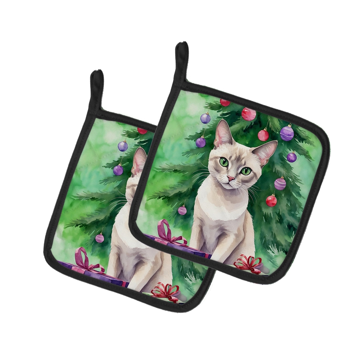 DAC7264PTHD 7.5 x 7.5 in. Thai Lilac Cat by the Christmas Tree Pot Holders - Set of 2