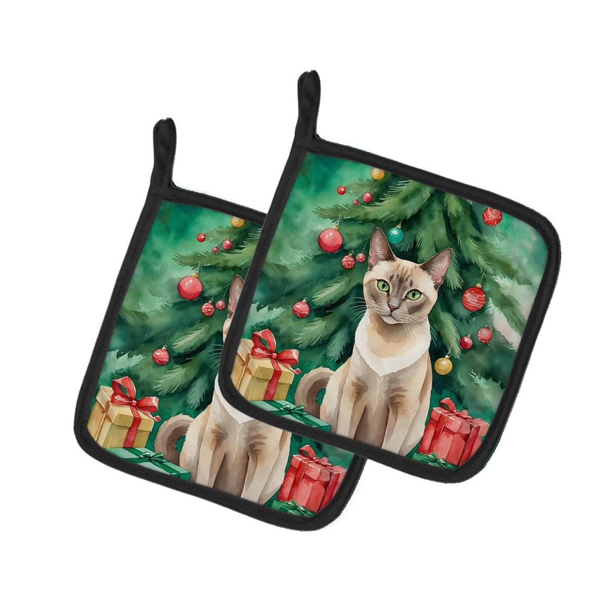 DAC7265PTHD 7.5 x 7.5 in. Tonkinese Cat by the Christmas Tree Pot Holders - Set of 2