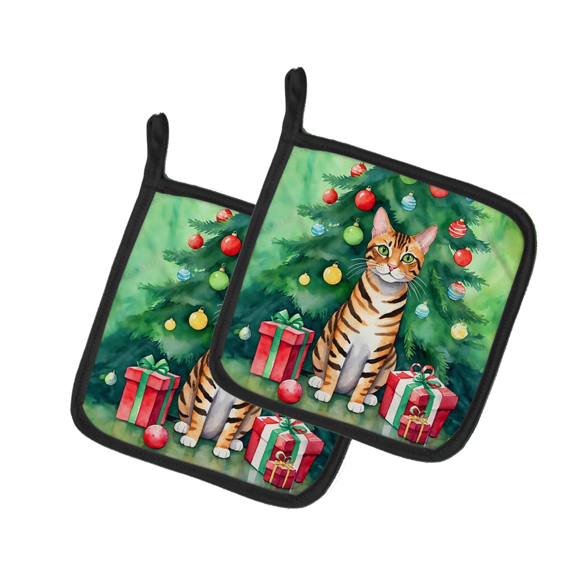 DAC7266PTHD 7.5 x 7.5 in. Toyger Cat by the Christmas Tree Pot Holders - Set of 2