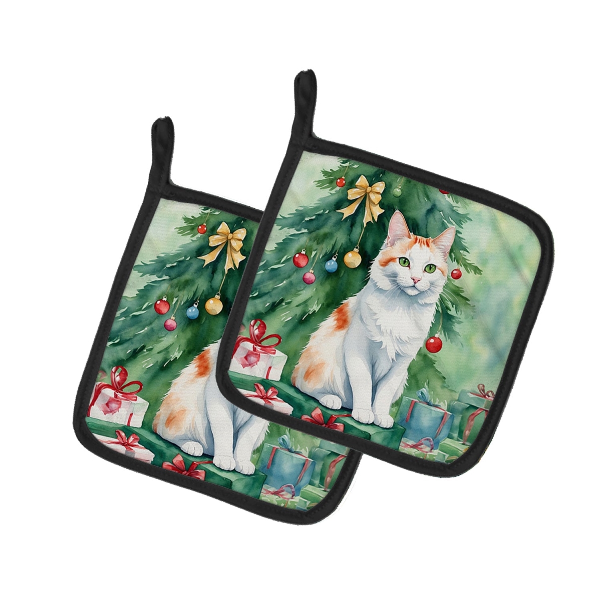 DAC7268PTHD 7.5 x 7.5 in. Turkish Van Cat by the Christmas Tree Pot Holders - Set of 2