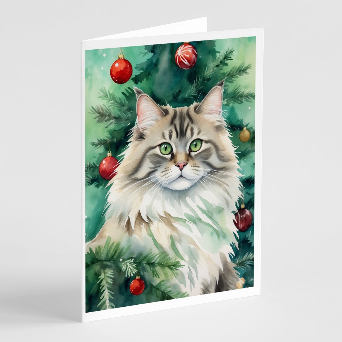 DAC7257GCA7P 5 x 7 in. Siberian Cat by the Christmas Tree Greeting Cards - Pack of 8