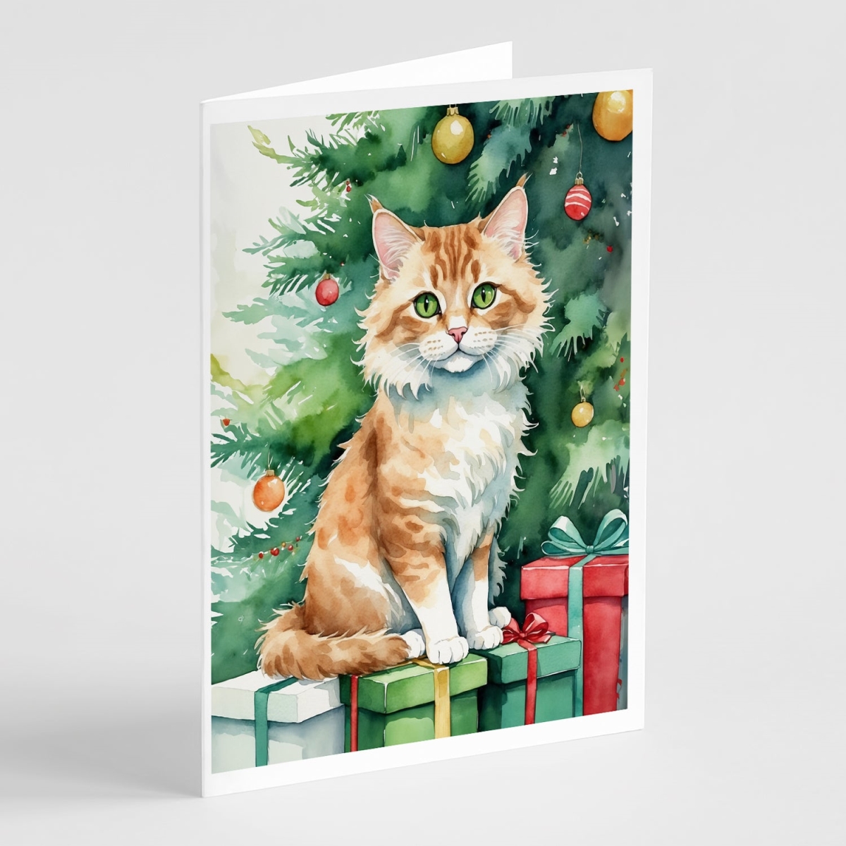 DAC7258GCA7P 5 x 7 in. Skookum Cat by the Christmas Tree Greeting Cards - Pack of 8
