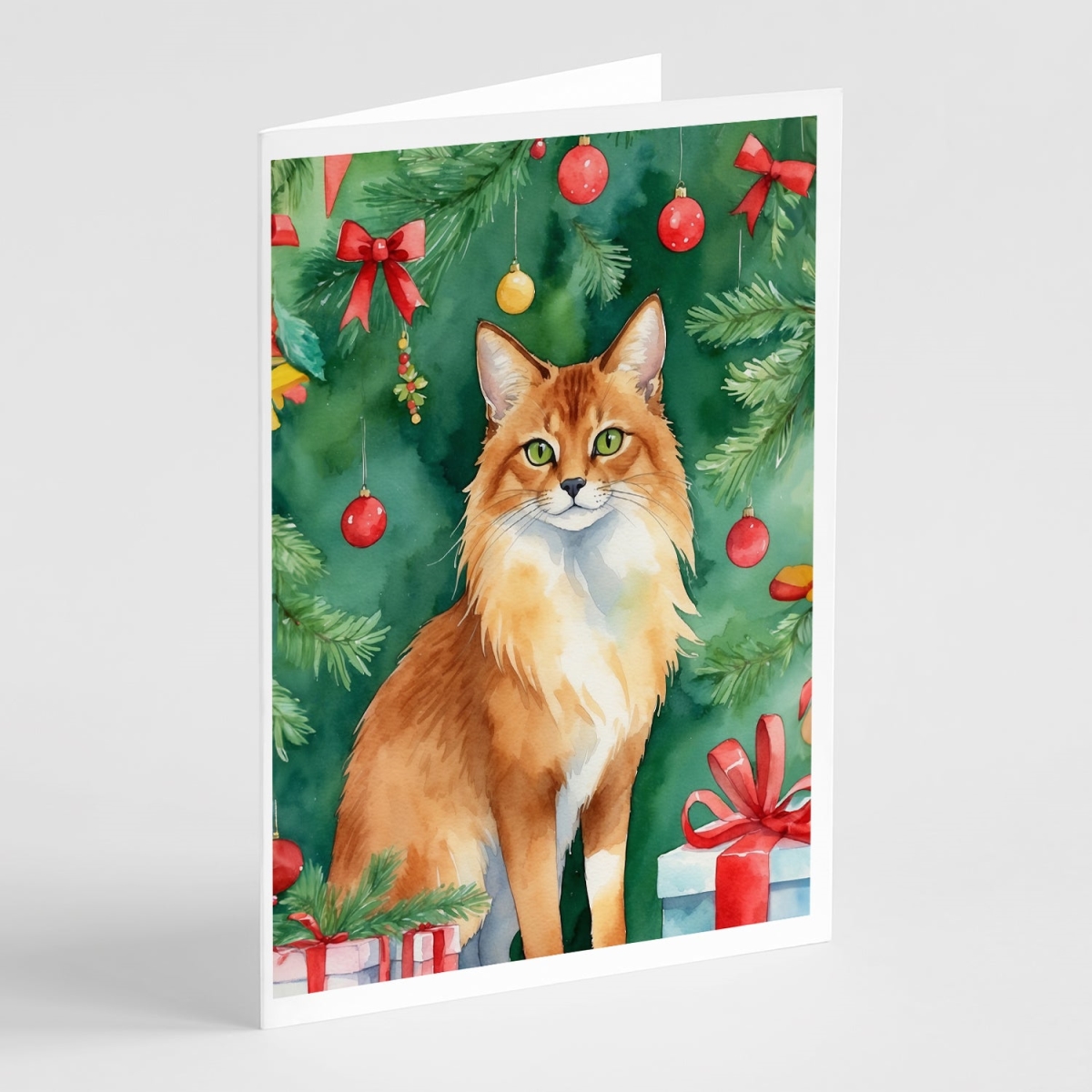 DAC7261GCA7P 5 x 7 in. Somali Cat by the Christmas Tree Greeting Cards - Pack of 8