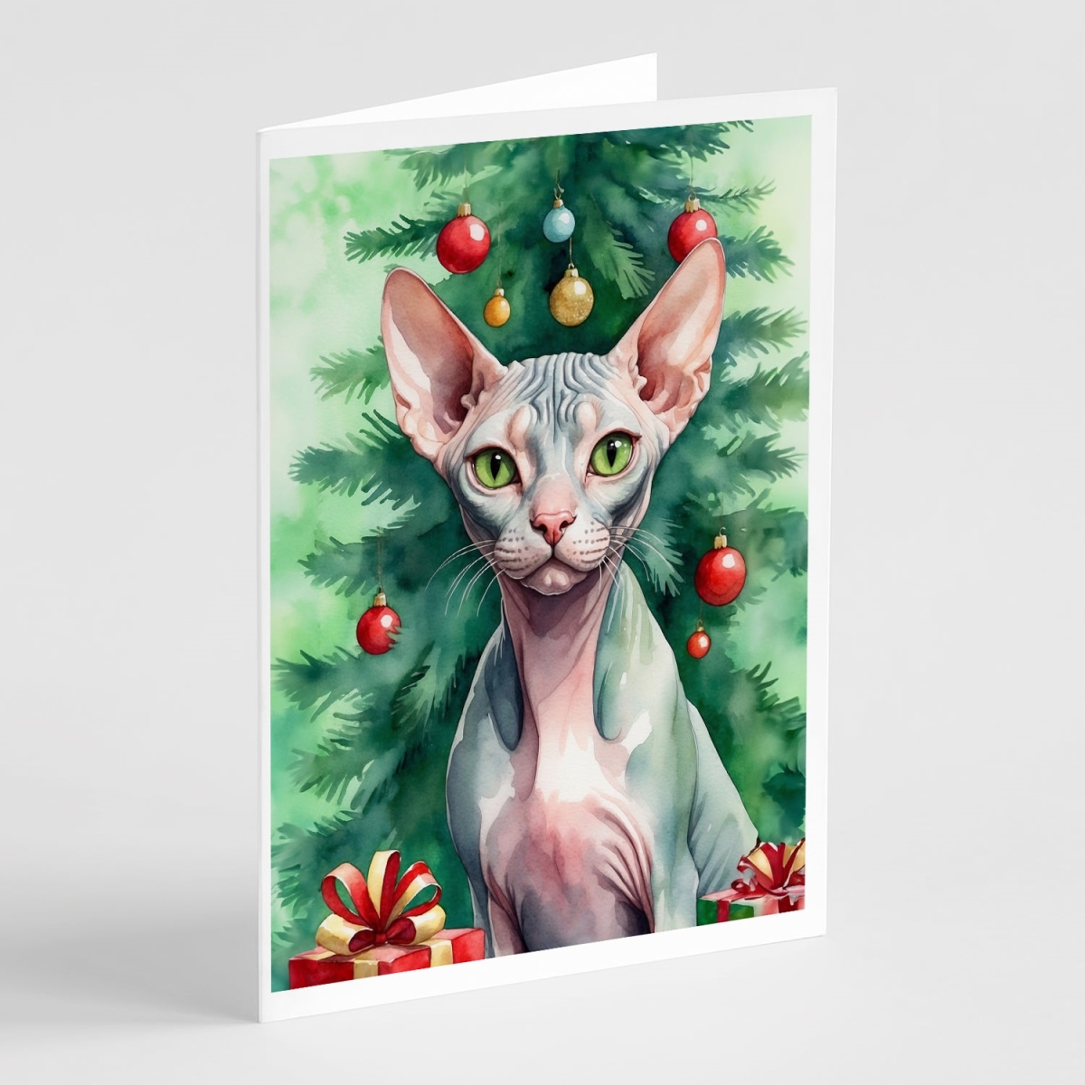 DAC7262GCA7P 5 x 7 in. Sphynx Cat by the Christmas Tree Greeting Cards - Pack of 8