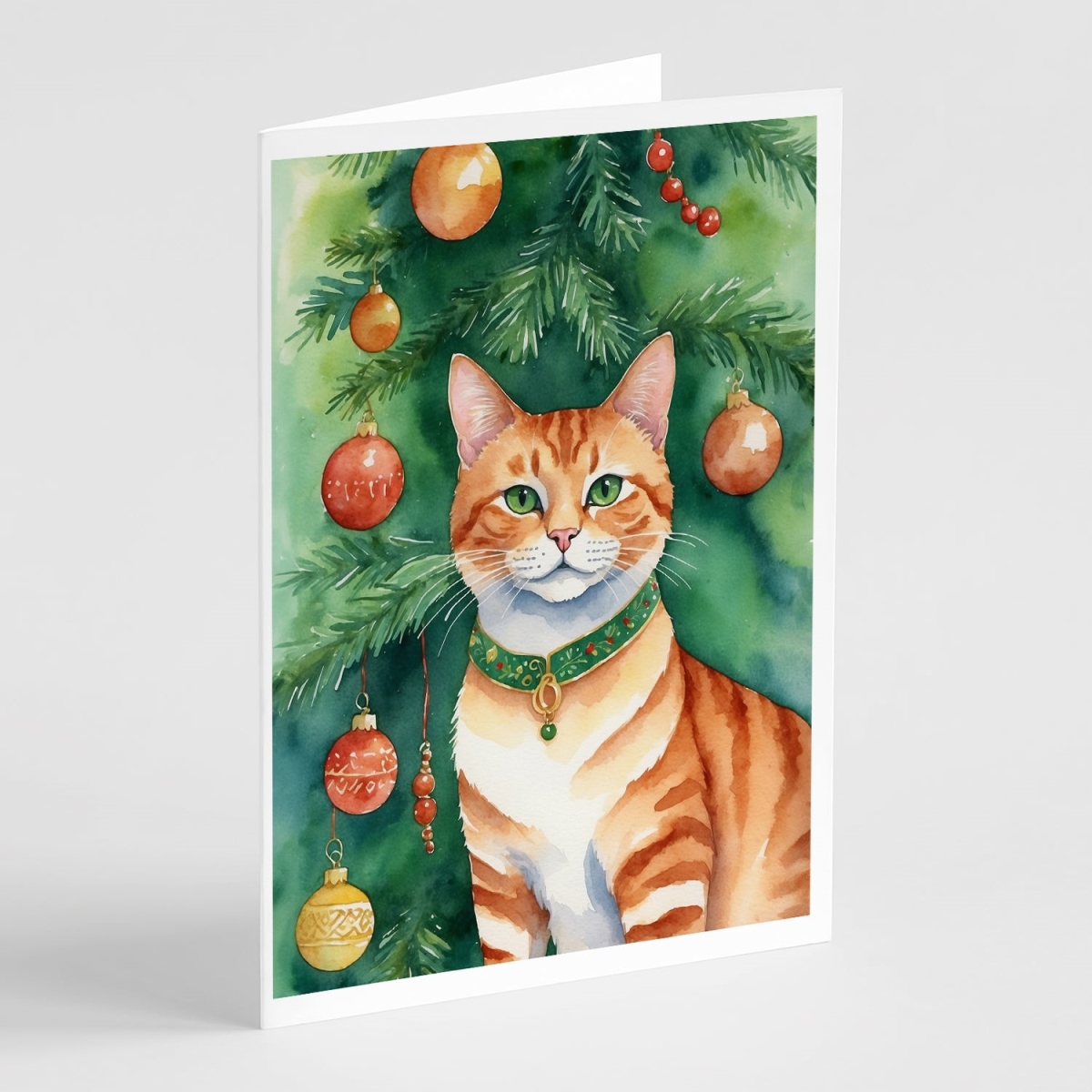 DAC7263GCA7P 5 x 7 in. Suphalak Cat by the Christmas Tree Greeting Cards - Pack of 8