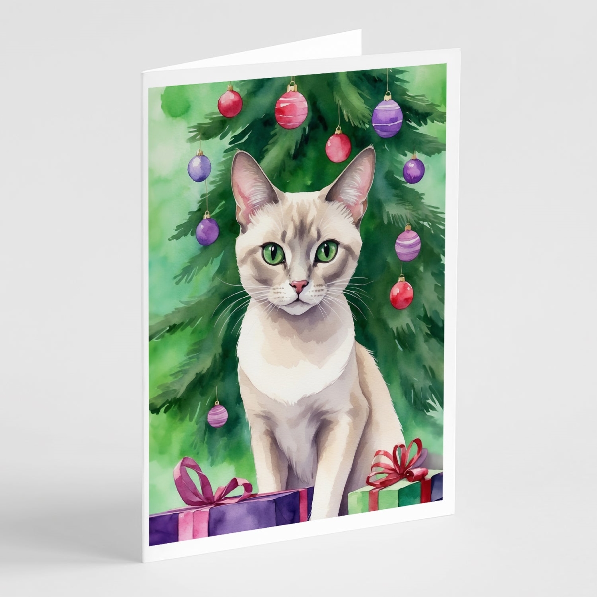 DAC7264GCA7P 5 x 7 in. Thai Lilac Cat by the Christmas Tree Greeting Cards - Pack of 8