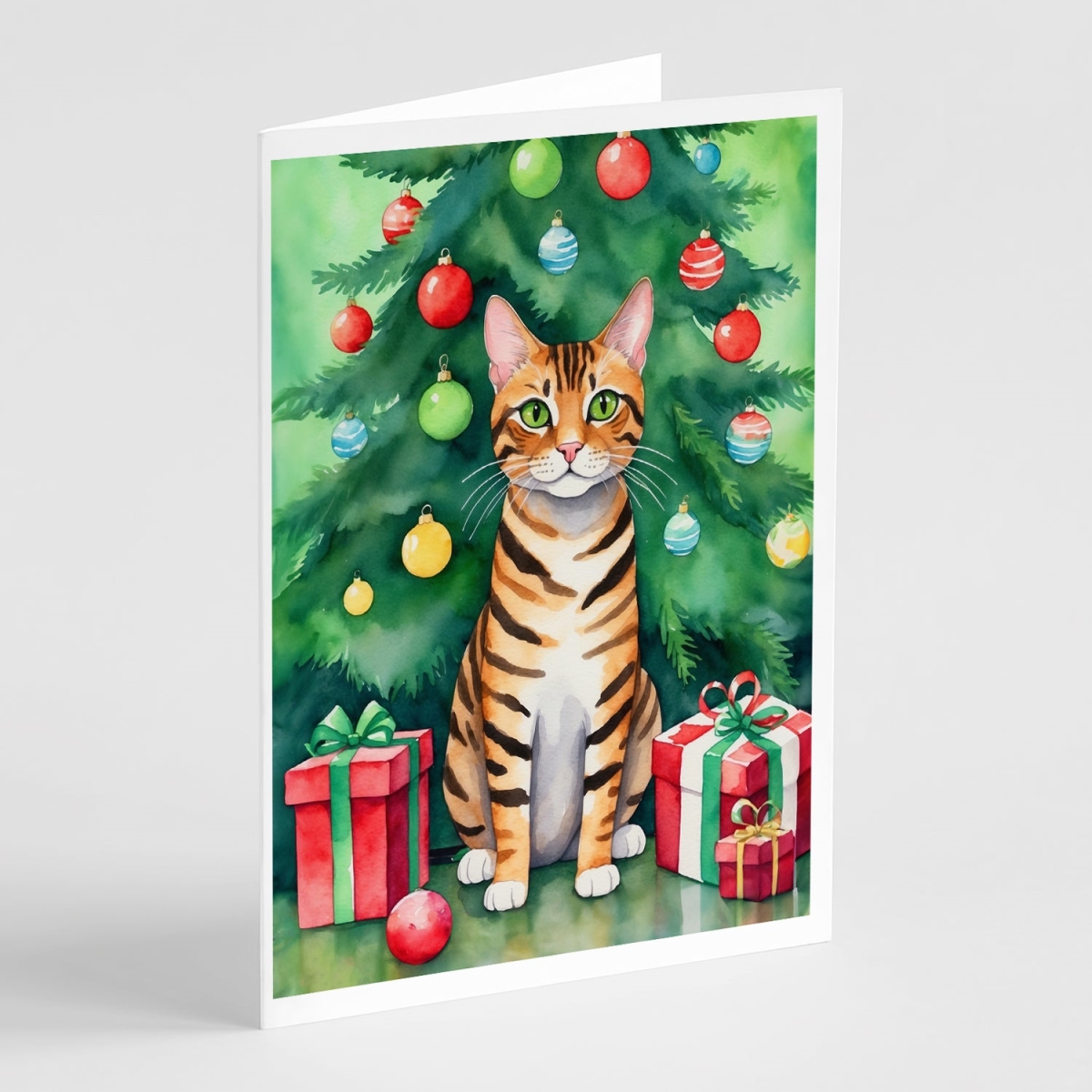 DAC7266GCA7P 5 x 7 in. Toyger Cat by the Christmas Tree Greeting Cards - Pack of 8