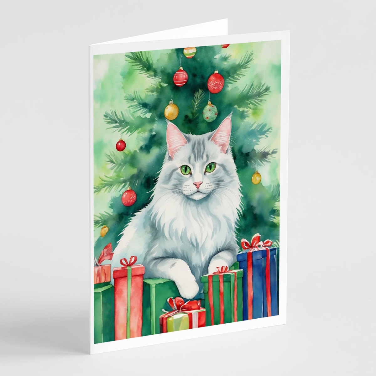 DAC7267GCA7P 5 x 7 in. Turkish Angora Cat by the Christmas Tree Greeting Cards - Pack of 8