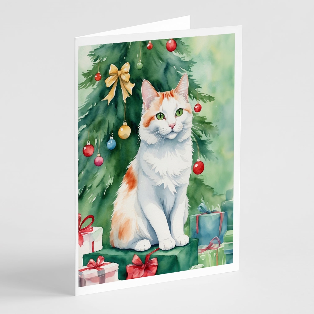 DAC7268GCA7P 5 x 7 in. Turkish Van Cat by the Christmas Tree Greeting Cards - Pack of 8