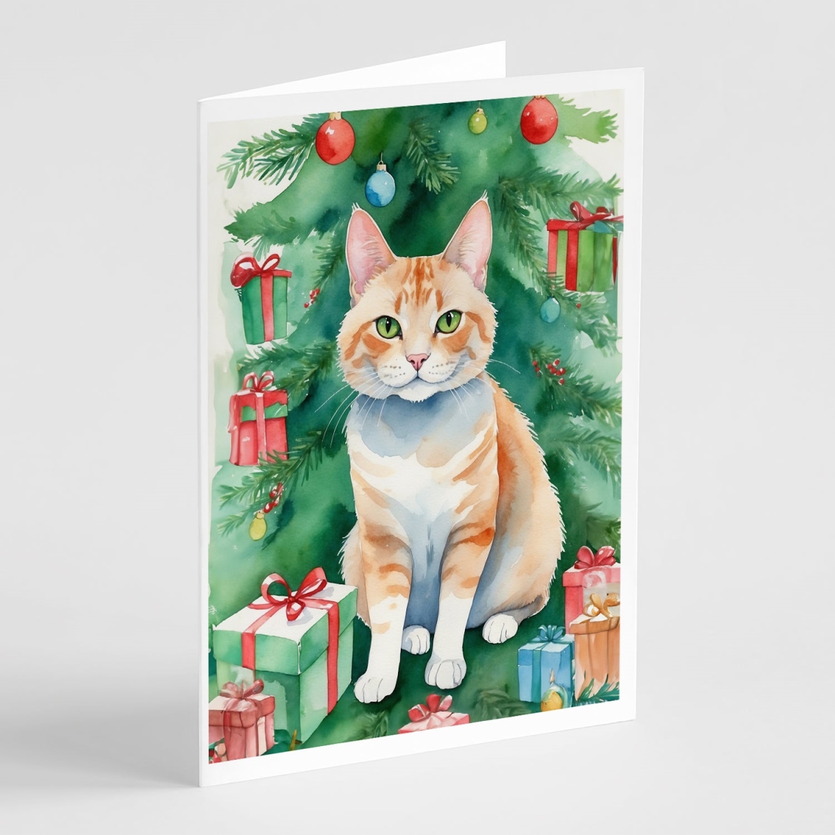 DAC7269GCA7P 5 x 7 in. Ural Rex Cat by the Christmas Tree Greeting Cards - Pack of 8