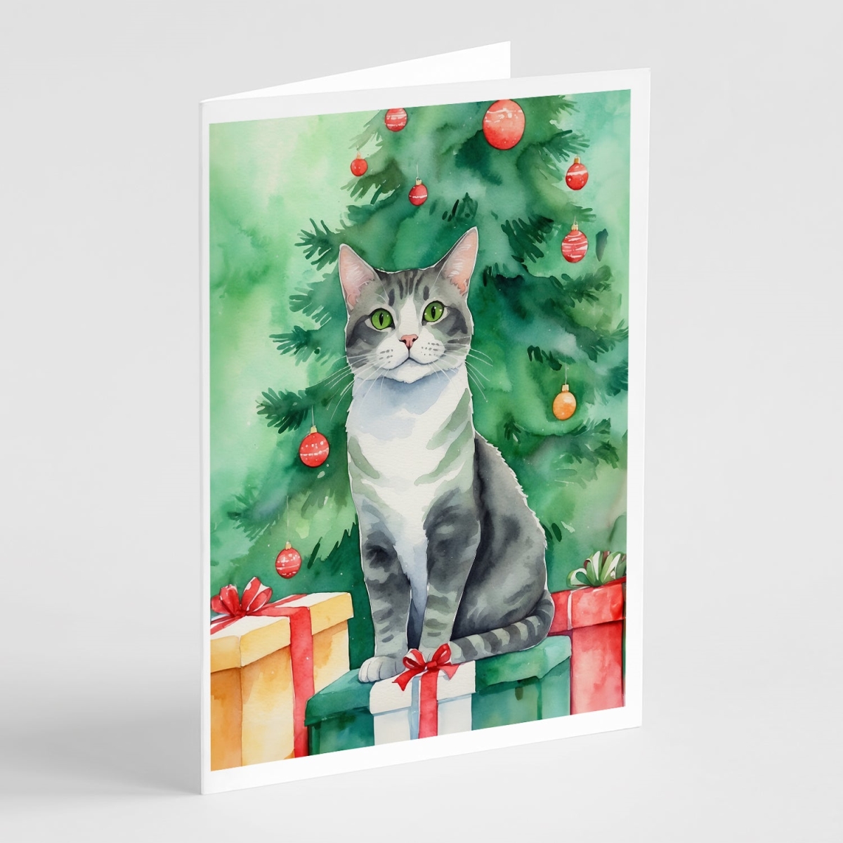 DAC7270GCA7P 5 x 7 in. Ural Rex Cat by the Christmas Tree Greeting Cards - Pack of 8