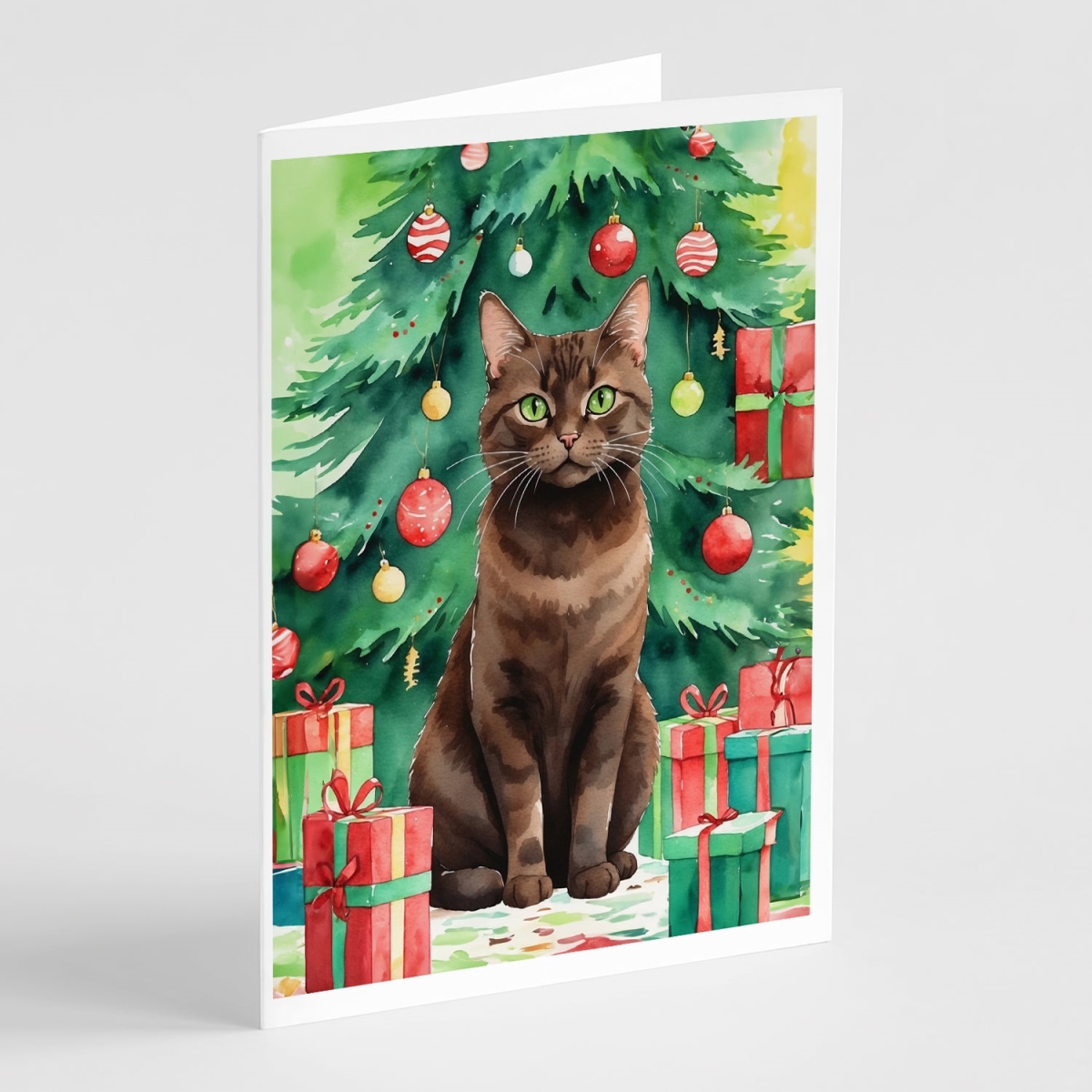 DAC7271GCA7P 5 x 7 in. York Chocolate Cat by the Christmas Tree Greeting Cards - Pack of 8