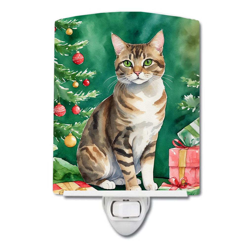 DAC7201CNL 6 x 4 in. California Spangled Cat by the Christmas Tree Ceramic Night Light