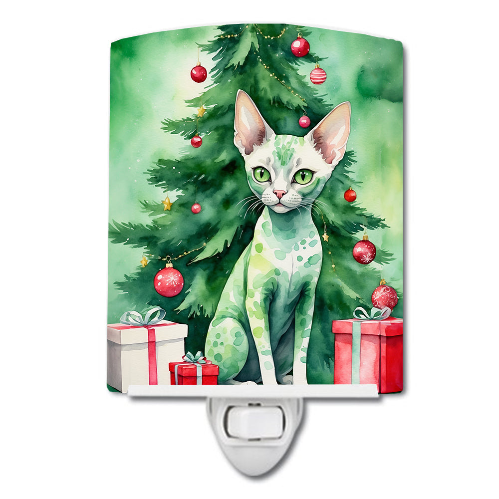 DAC7210CNL 6 x 4 in. Devon Rex Cat by the Christmas Tree Ceramic Night Light