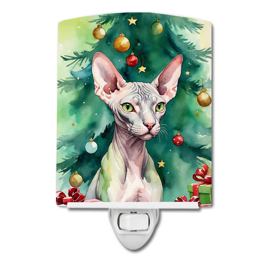 DAC7211CNL 6 x 4 in. Donskoy Don Sphynx Cat by the Christmas Tree Ceramic Night Light