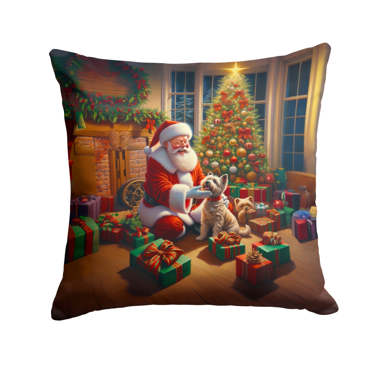 Cairn Terrier & Santa Claus Throw Pillow - Multi-Color - 14 x 14 in. - Water-Resistant Fabric