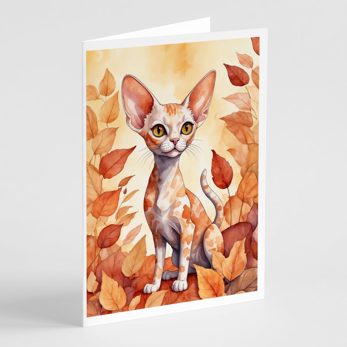 DAC7128GCA7P 5 x 7 in. Devon Rex Cat in Fall Leaves Greeting Cards - Pack of 8