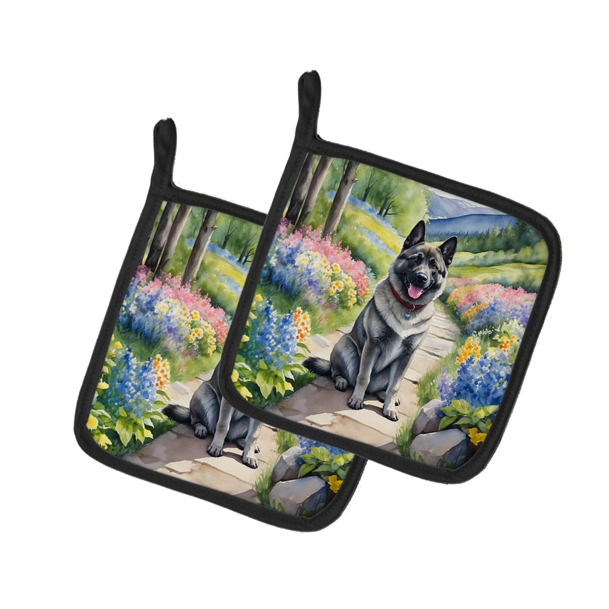 DAC6679PTHD 7.5 x 7.5 in. Norwegian Elkhound Spring Path Pot Holders - Set of 2