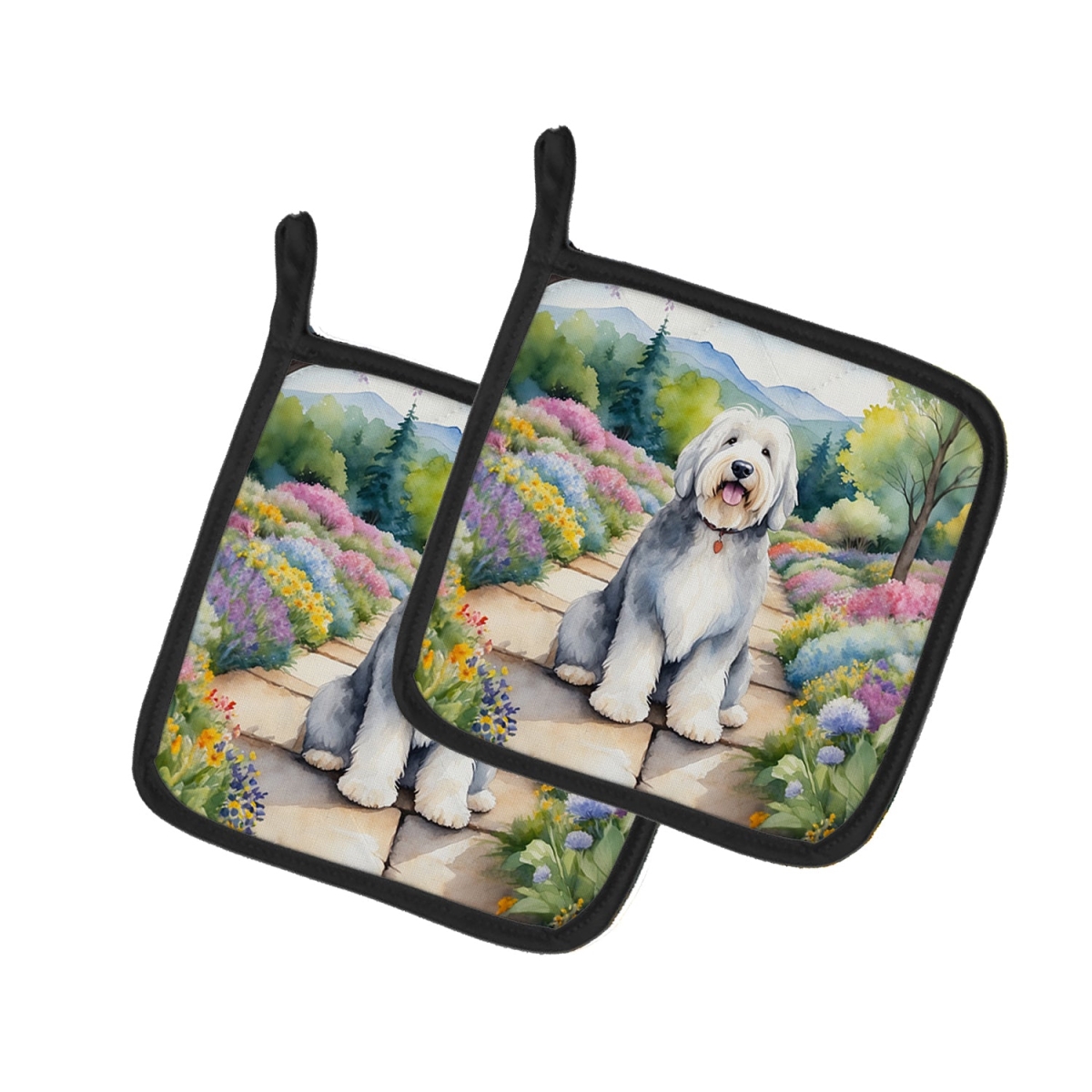 DAC6682PTHD 7.5 x 7.5 in. Old English Sheepdog Spring Path Pot Holders - Set of 2
