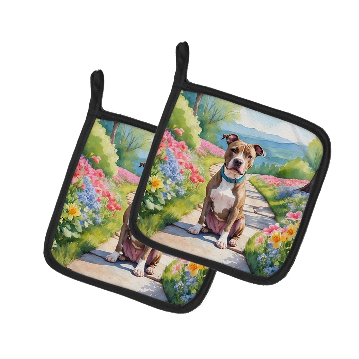 DAC6686PTHD 7.5 x 7.5 in. Pit Bull Terrier Spring Path Pot Holders - Set of 2
