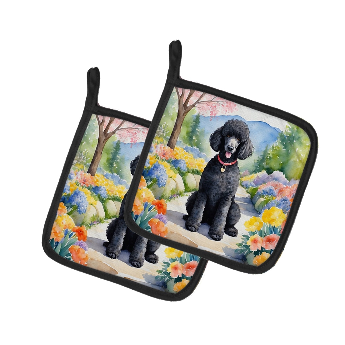DAC6692PTHD 7.5 x 7.5 in. Black Poodle Spring Path Pot Holders - Set of 2
