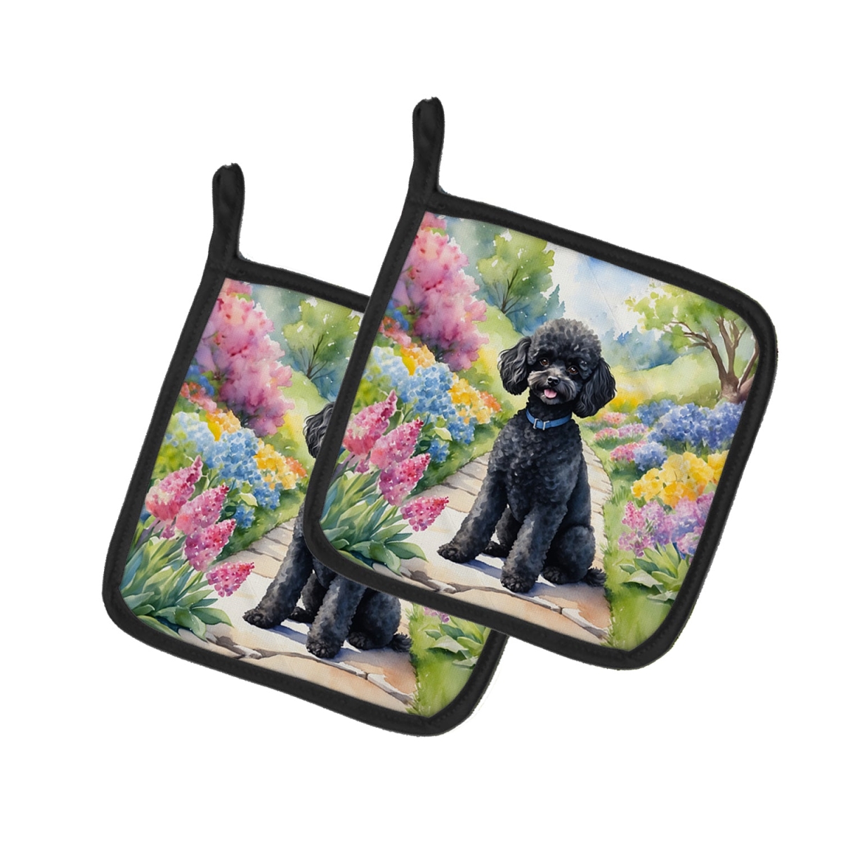 DAC6693PTHD 7.5 x 7.5 in. Black Poodle Spring Path Pot Holders - Set of 2