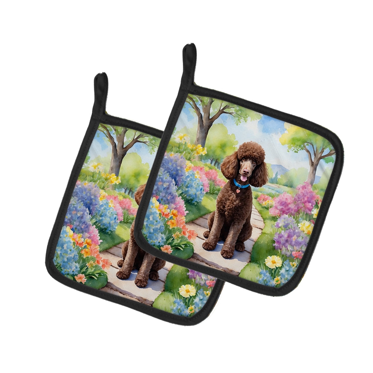 DAC6694PTHD 7.5 x 7.5 in. Chocolate Poodle Spring Path Pot Holders - Set of 2