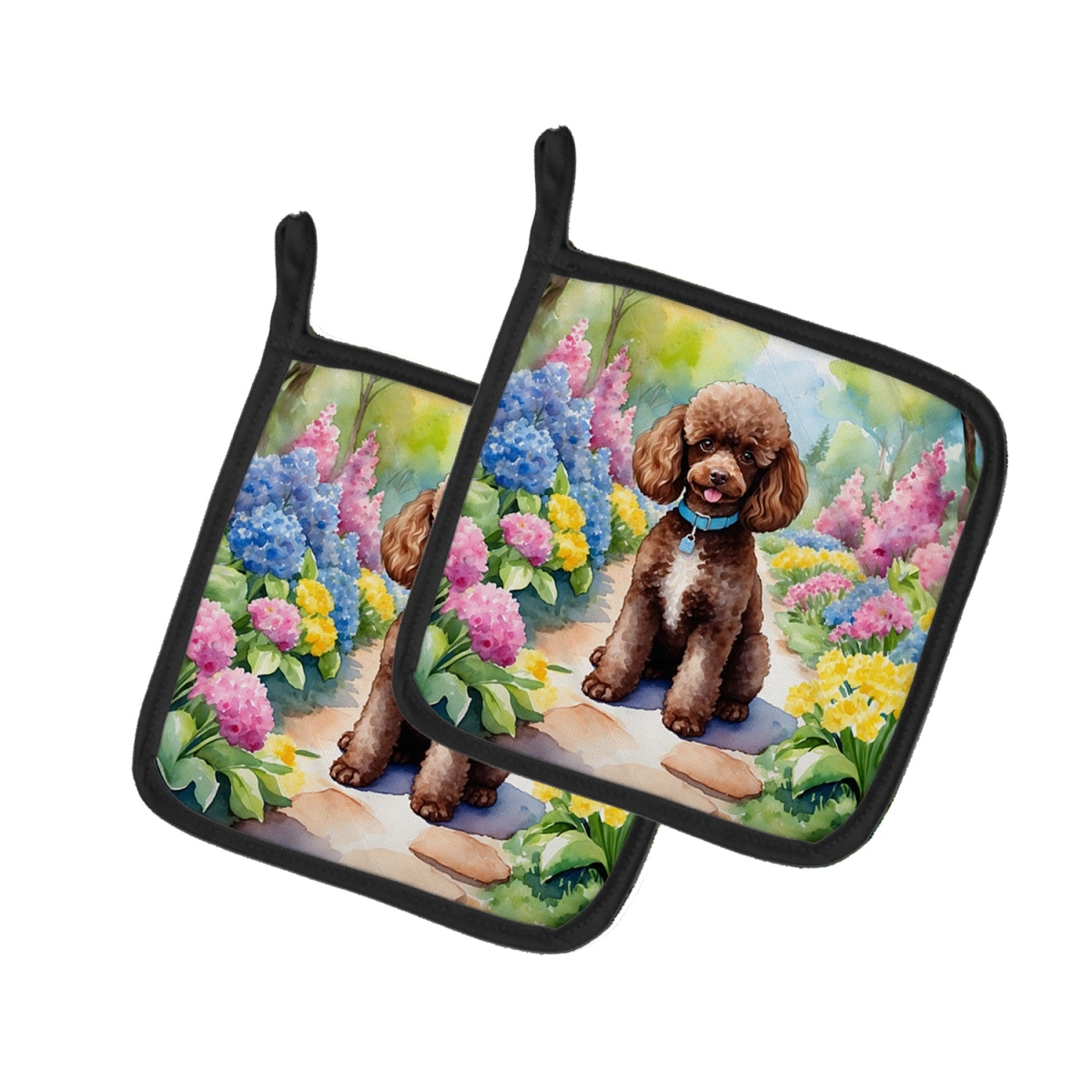 DAC6695PTHD 7.5 x 7.5 in. Chocolate Poodle Spring Path Pot Holders - Set of 2