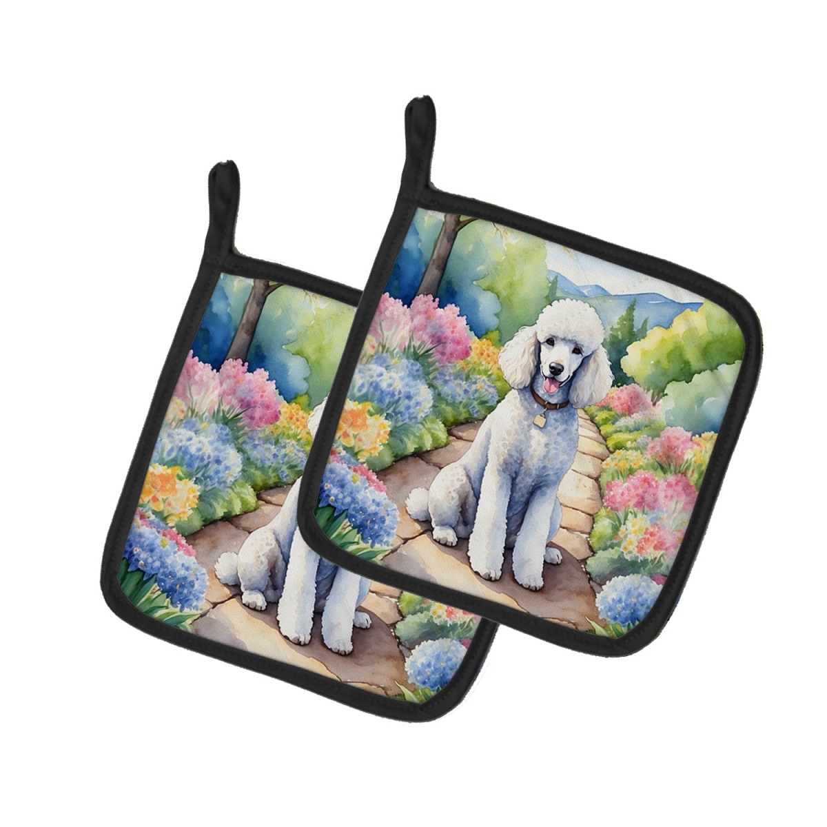 DAC6696PTHD 7.5 x 7.5 in. White Poodle Spring Path Pot Holders - Set of 2