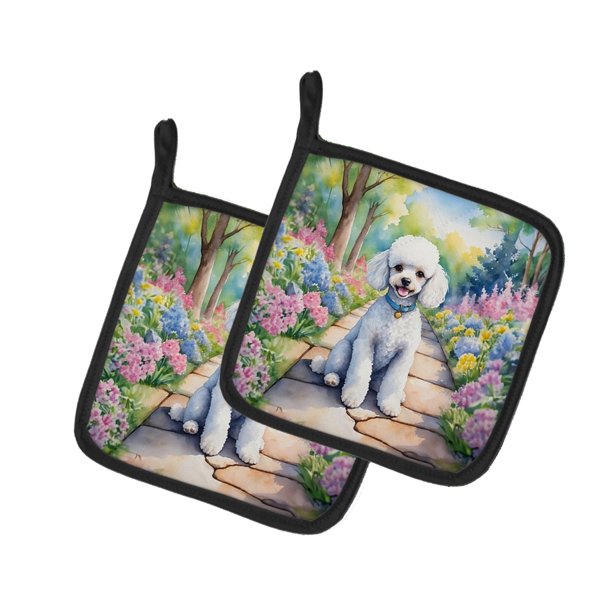 DAC6697PTHD 7.5 x 7.5 in. White Poodle Spring Path Pot Holders - Set of 2