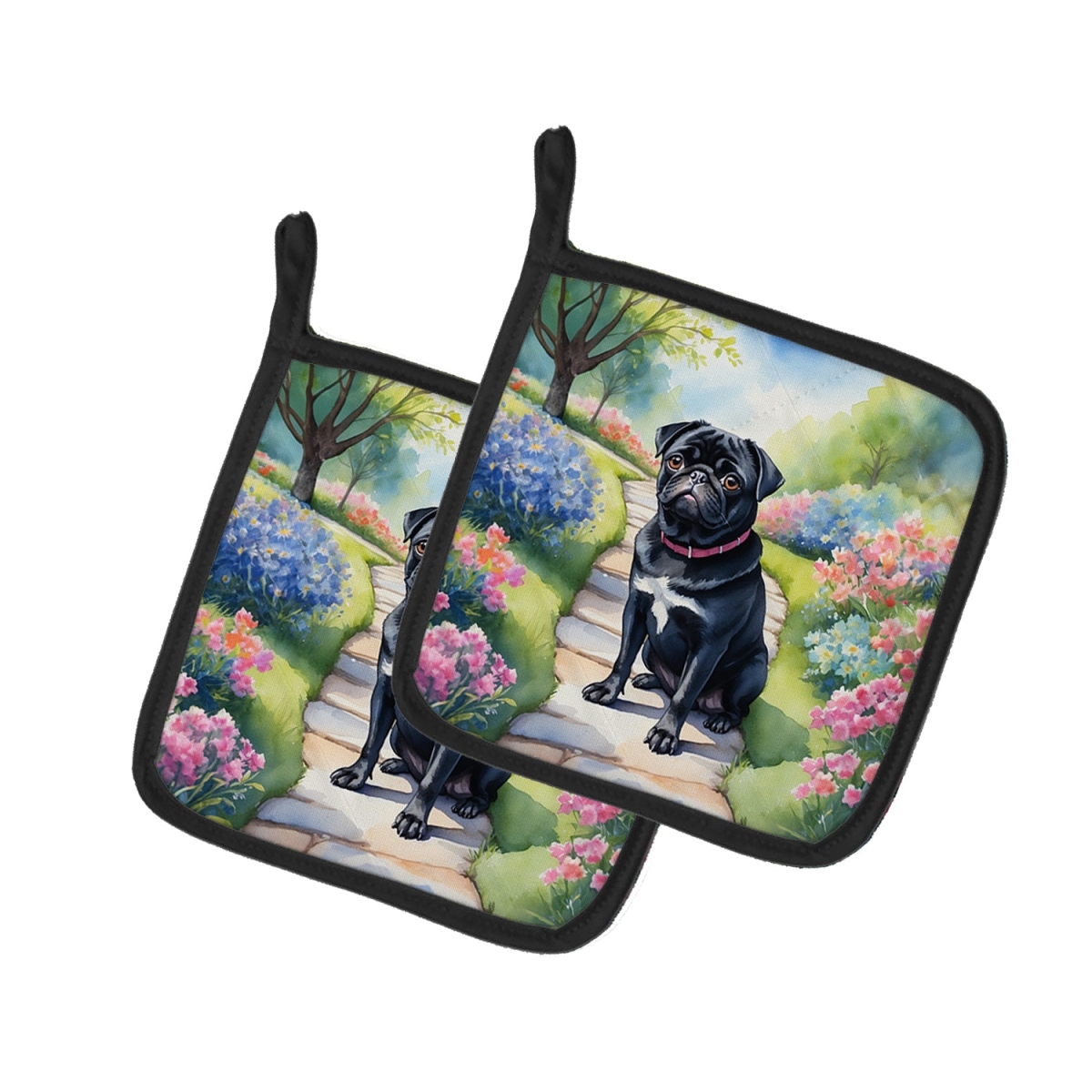 DAC6700PTHD 7.5 x 7.5 in. Black Pug Spring Path Pot Holders - Set of 2