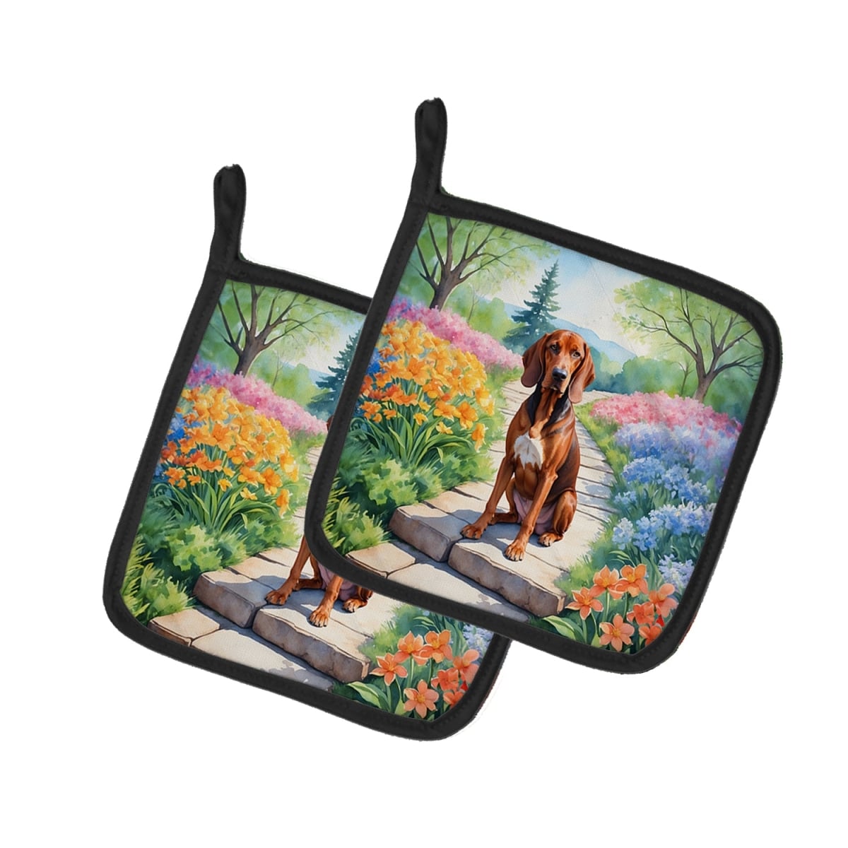 DAC6703PTHD 7.5 x 7.5 in. Redbone Coonhound Spring Path Pot Holders - Set of 2