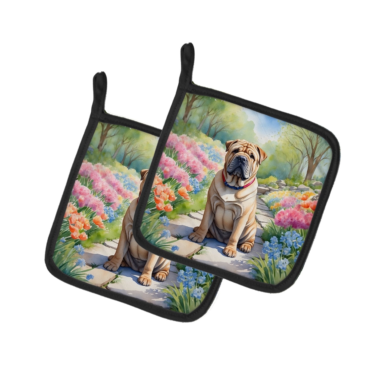 DAC6713PTHD 7.5 x 7.5 in. Shar Pei Spring Path Pot Holders - Set of 2
