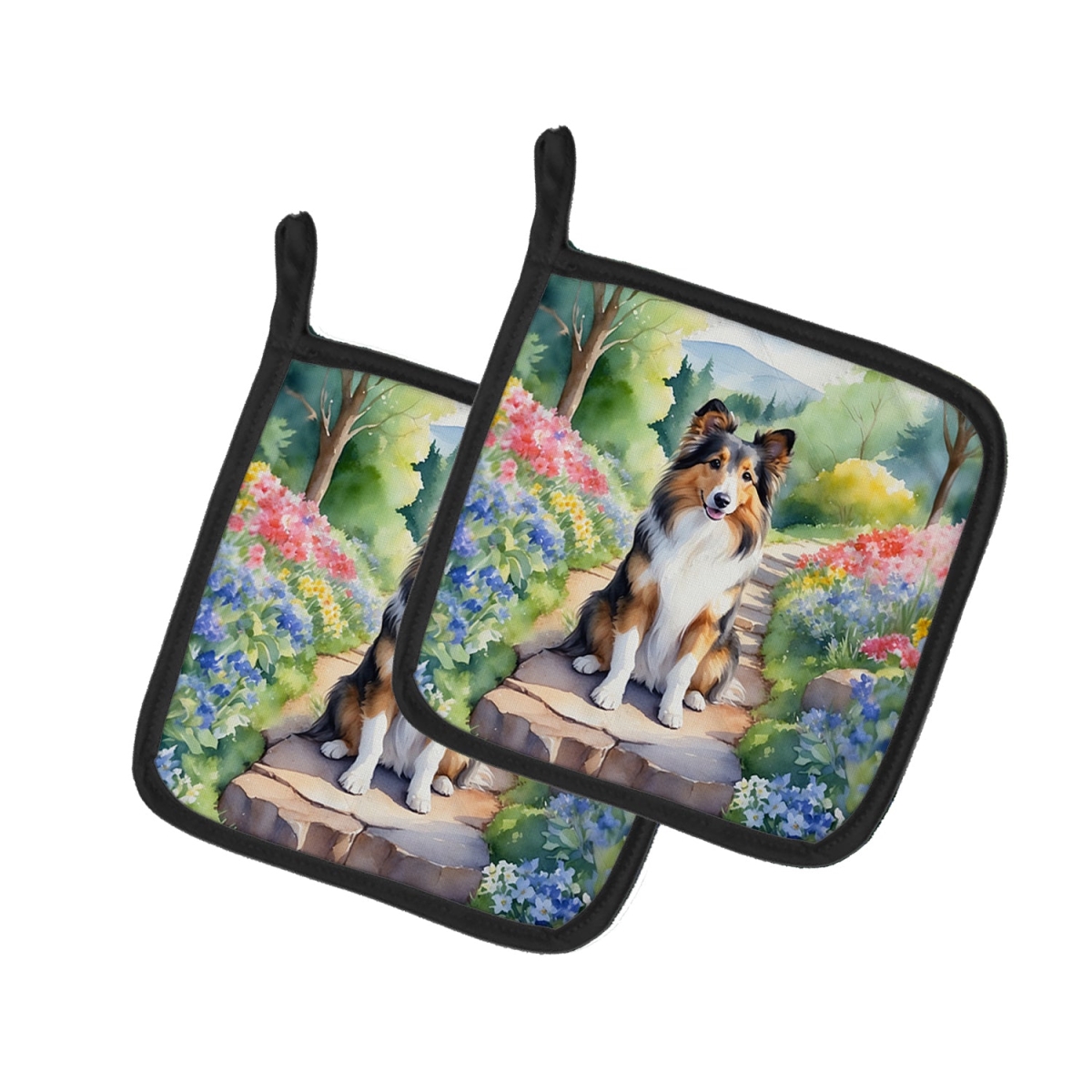 DAC6714PTHD 7.5 x 7.5 in. Sheltie Spring Path Pot Holders - Set of 2