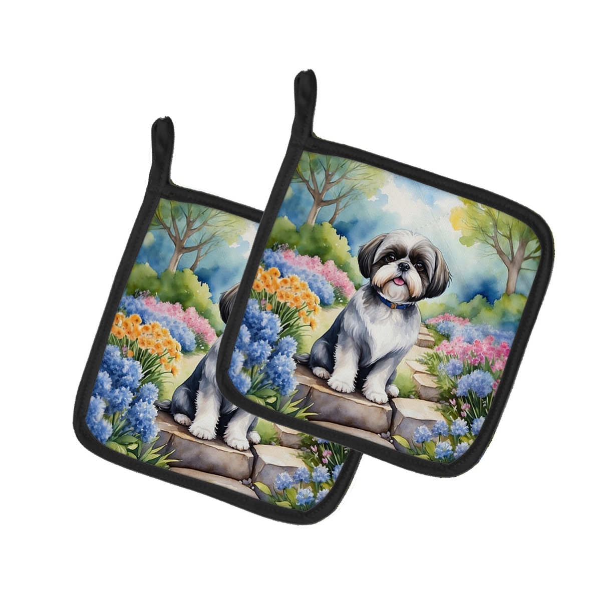 DAC6716PTHD 7.5 x 7.5 in. Shih Tzu Spring Path Pot Holders - Set of 2