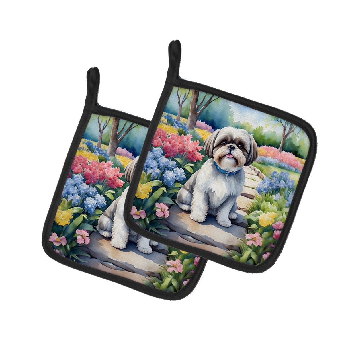 DAC6717PTHD 7.5 x 7.5 in. Shih Tzu Spring Path Pot Holders - Set of 2